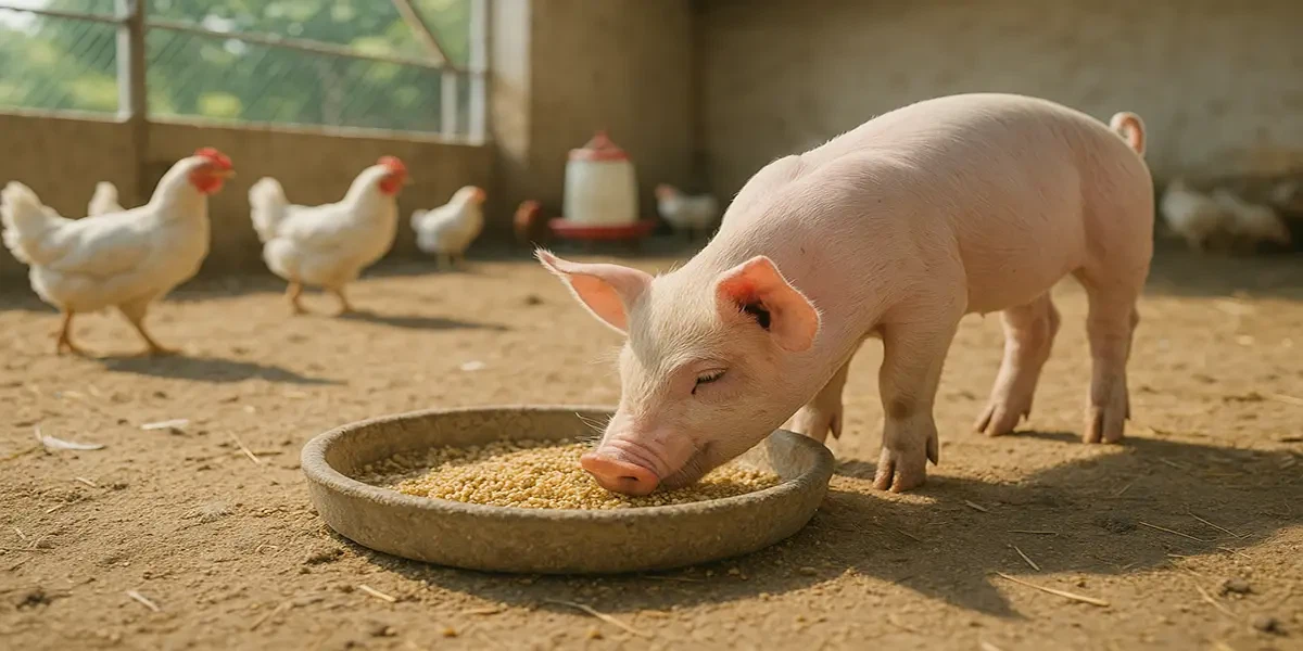 Piglet eating feed in a poultry yard Piglet eating feed in a poultry yard