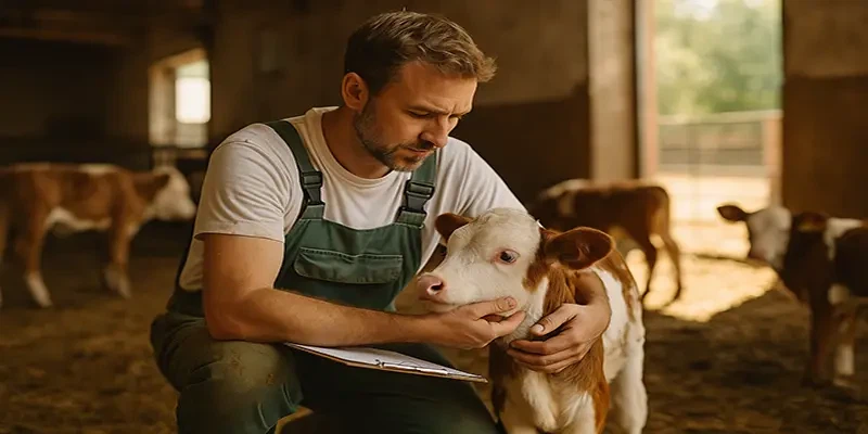 Farmer checking health of a calf Farmer checking health of a calf